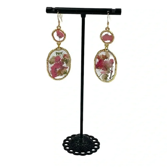 Elegant Floral Preservation Art to Wear Statement Gold Plated Dangle Earrings - Picture 1 of 5